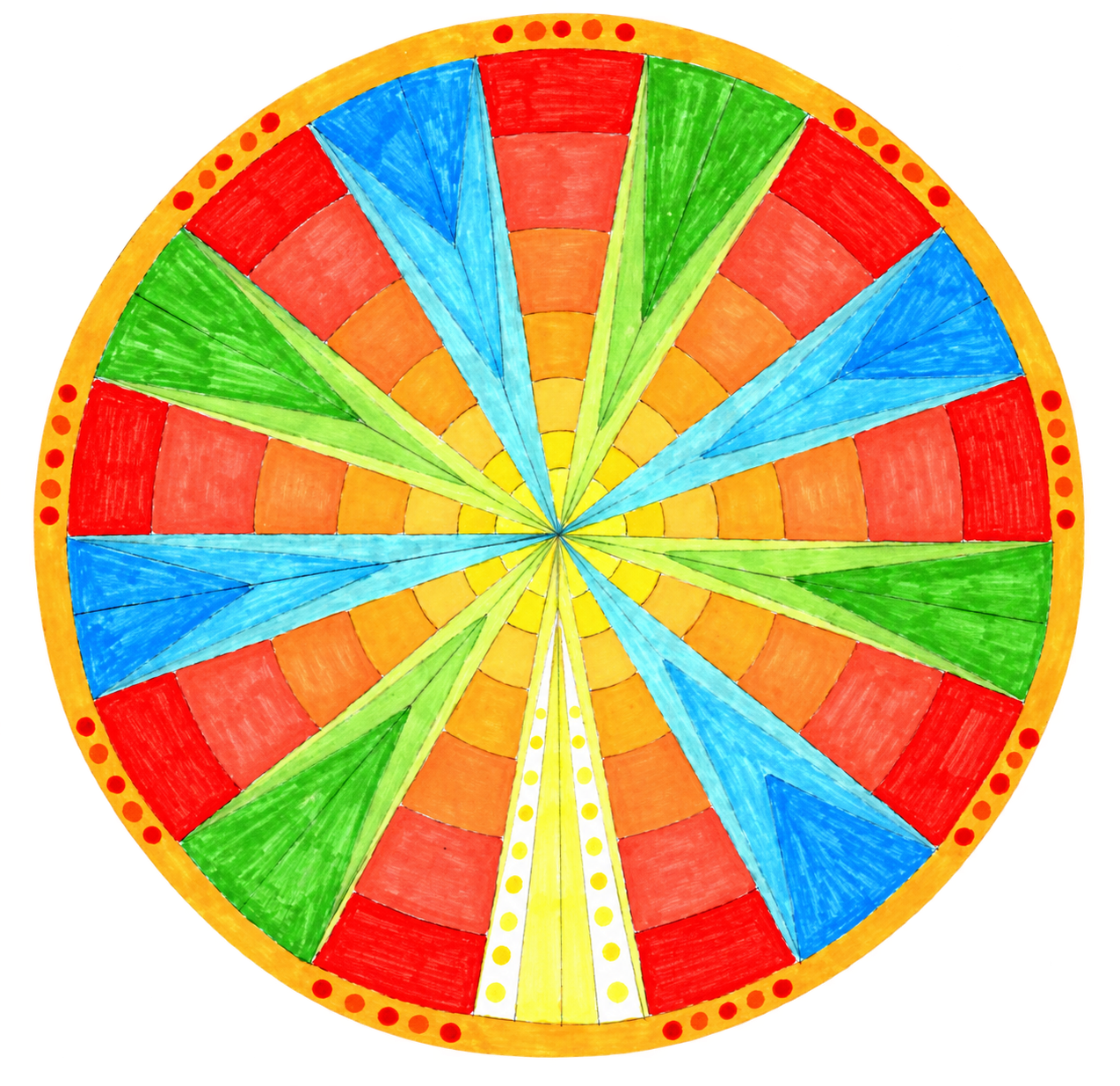 Earth Under Siege, expression one: hand-drawn multicolored circular sacred geometry